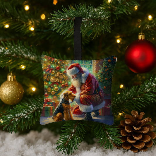 Airedale Terrier and Santa Claus Hanging Square Fabric Ornament 3.5 × 3.5