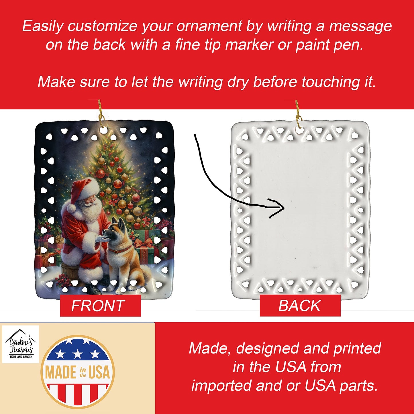 Akita and Santa Claus Porcelain Ornament