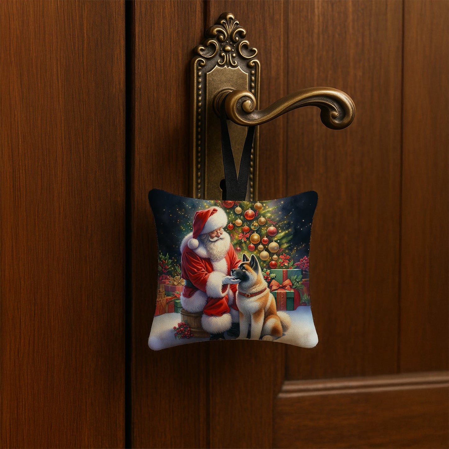 Akita and Santa Claus Hanging Square Fabric Ornament 3.5 × 3.5