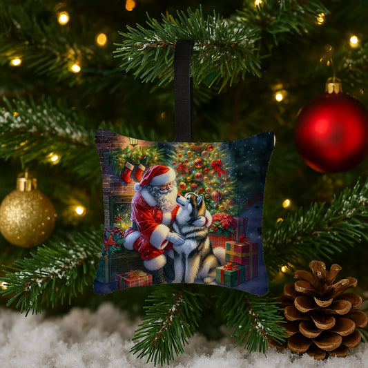 Alaskan Malamute and Santa Claus Hanging Square Fabric Ornament 3.5 × 3.5