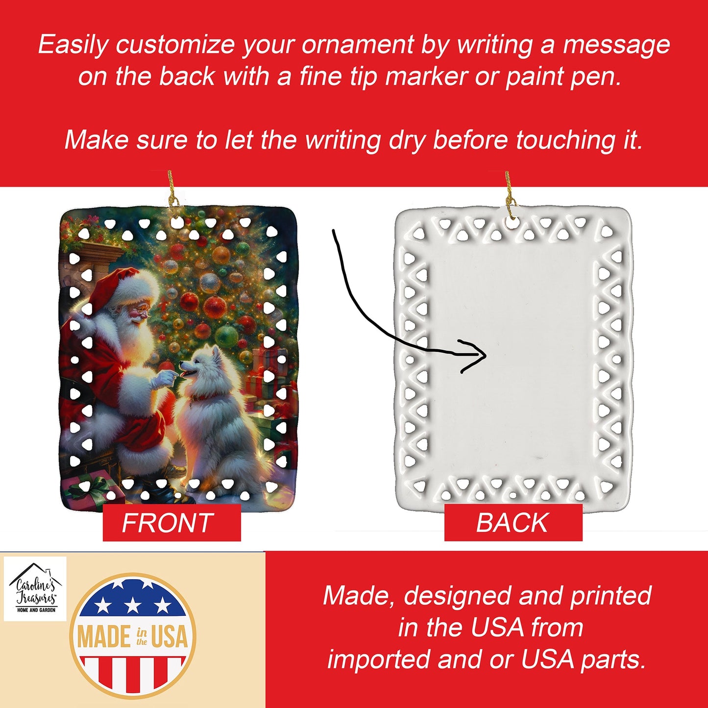 American Eskimo and Santa Claus Porcelain Ornament