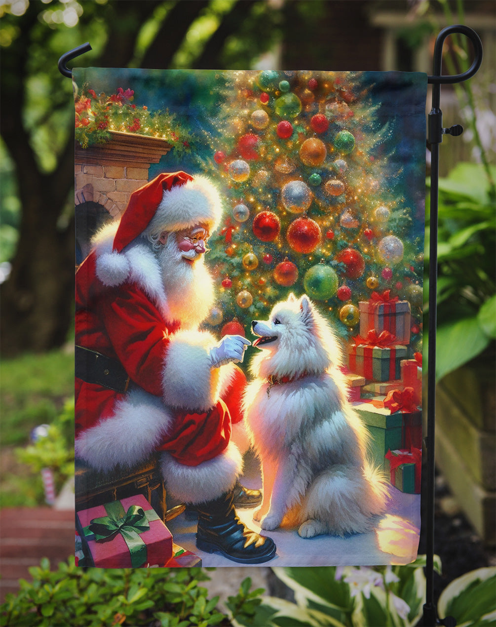 American Eskimo with Santa Garden Flag – Christmas Dog Yard Decor