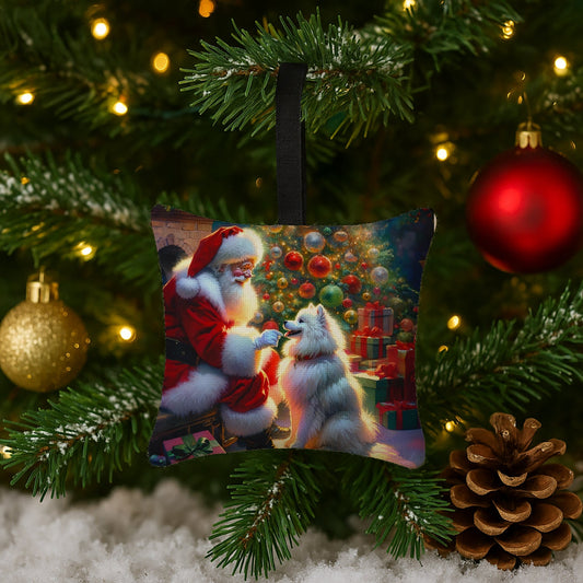 American Eskimo and Santa Claus Hanging Square Fabric Ornament 3.5 × 3.5