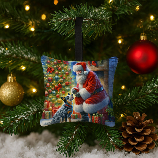 Australian Cattle Dog and Santa Claus Hanging Square Fabric Ornament 3.5 × 3.5