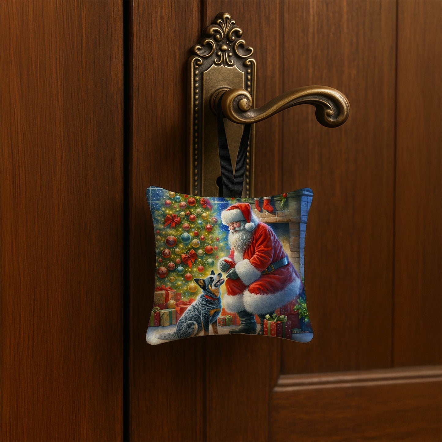 Australian Cattle Dog and Santa Claus Hanging Square Fabric Ornament 3.5 × 3.5