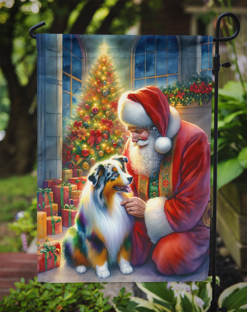 Australian Shepherd with Santa Garden Flag – Christmas Dog Yard Decor