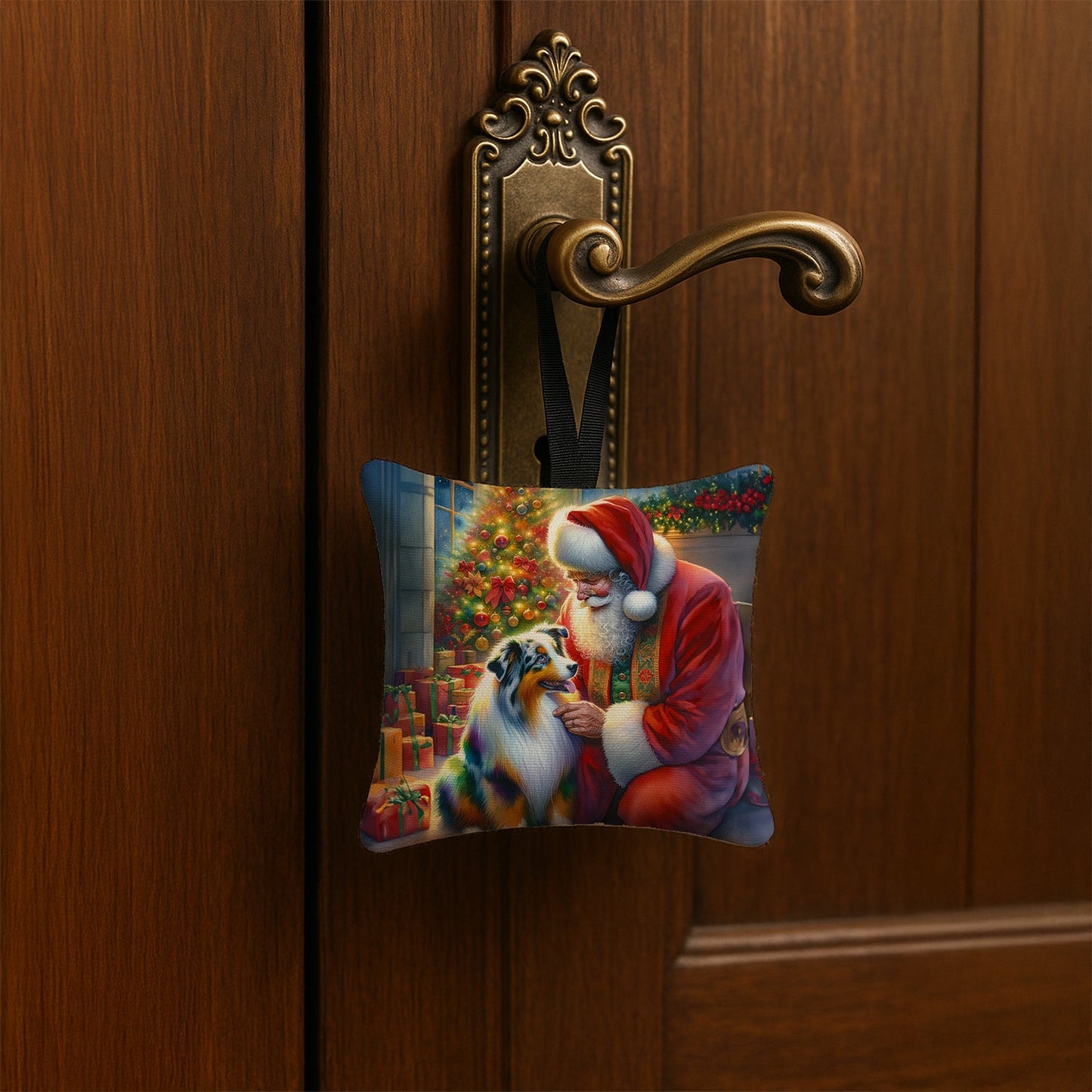 Australian Shepherd and Santa Claus Hanging Square Fabric Ornament 3.5 × 3.5