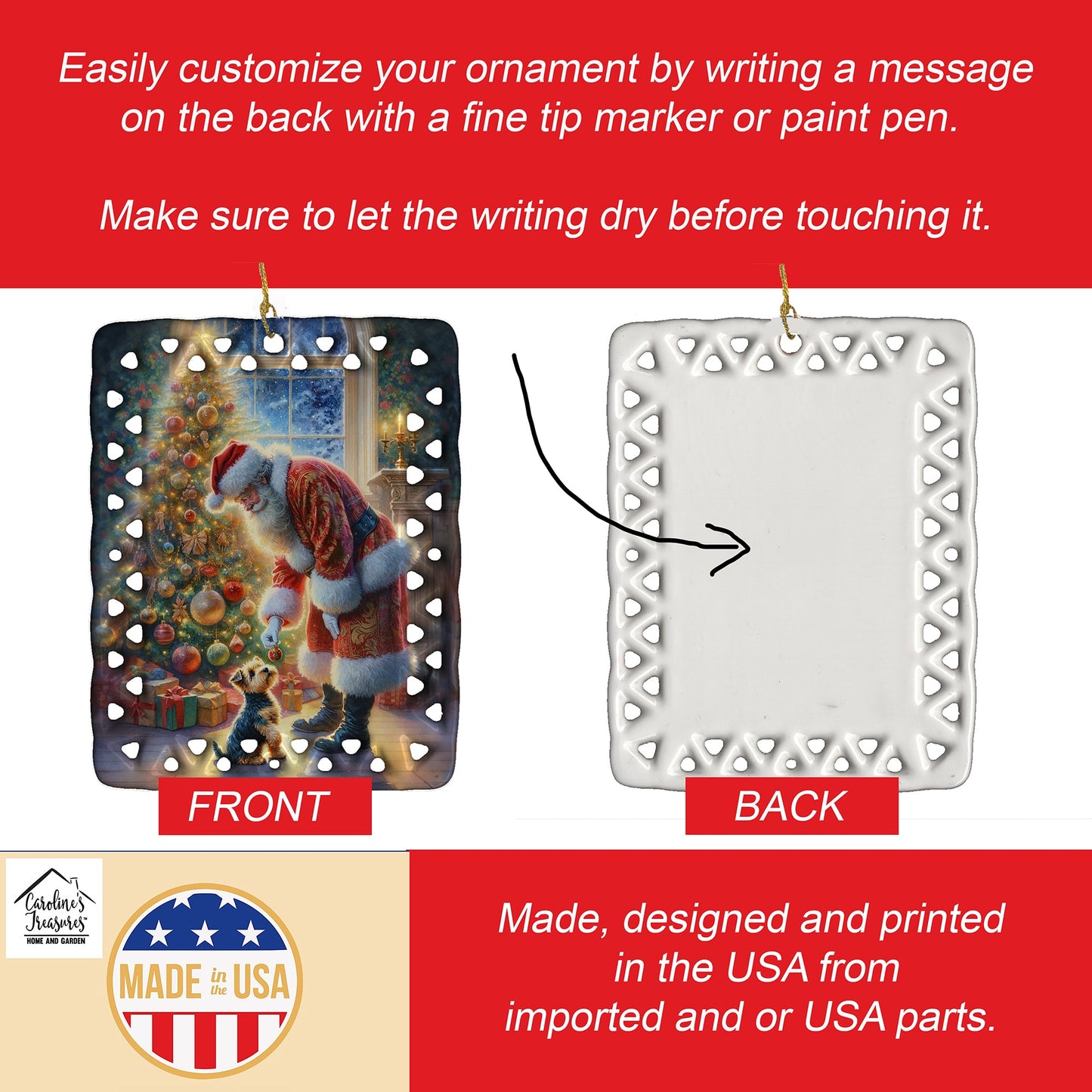 Australian Terrier and Santa Claus Porcelain Ornament