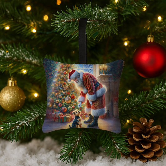 Australian Terrier and Santa Claus Hanging Square Fabric Ornament 3.5 × 3.5