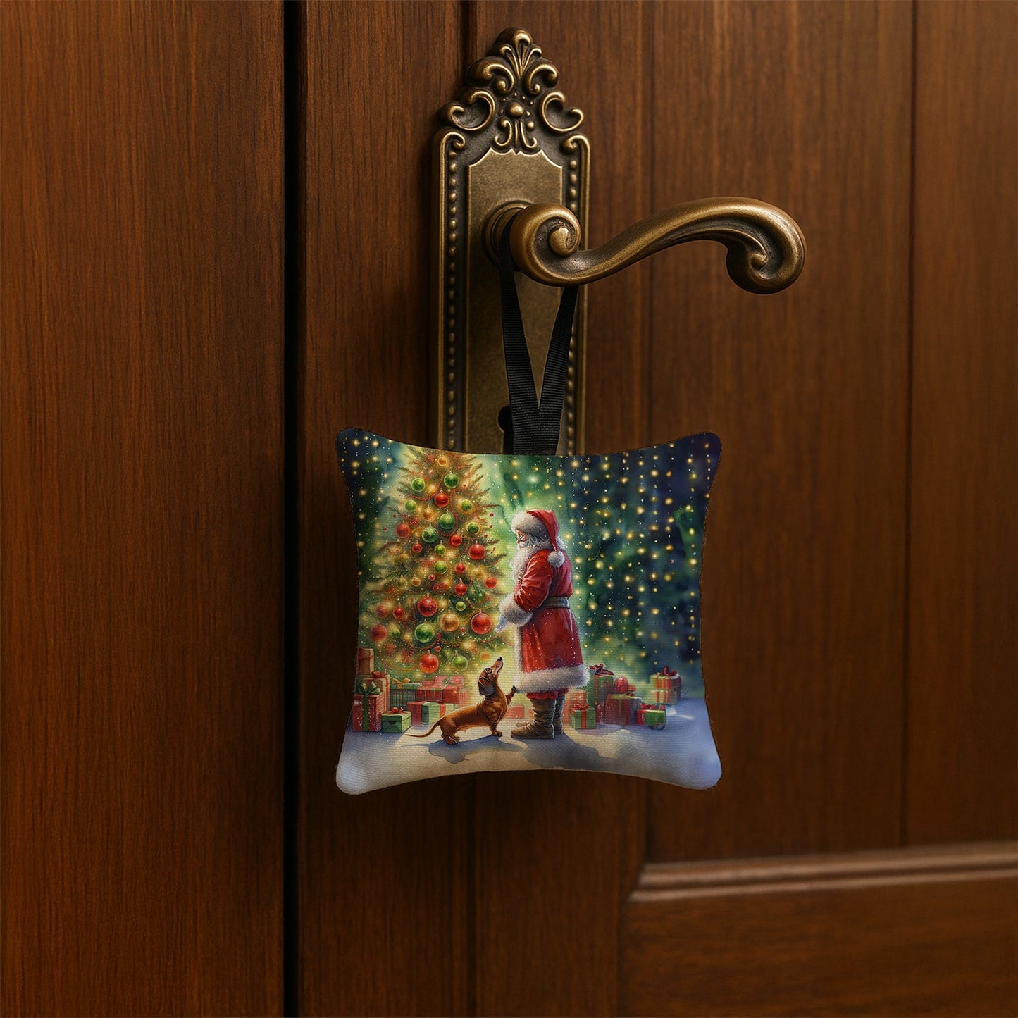 Dachshund and Santa Claus Hanging Square Fabric Ornament 3.5 × 3.5