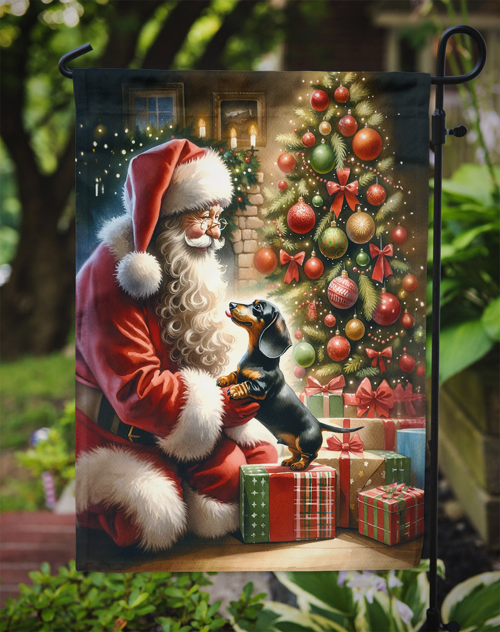 Dachshund with Santa Garden Flag – Christmas Dog Yard Decor