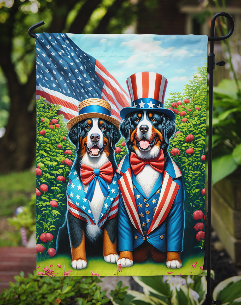 All American Bernese Mountain Dog Garden Flag – Dogs with American Flag Background by Caroline’s Treasures
