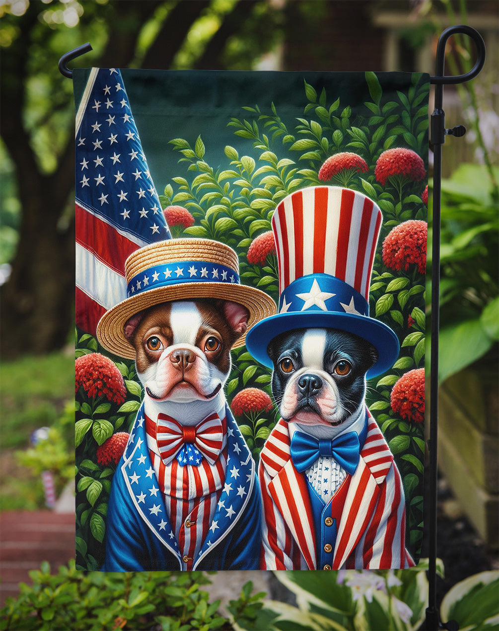 All American Boston Terrier Garden Flag – Dogs with American Flag Background by Caroline’s Treasures