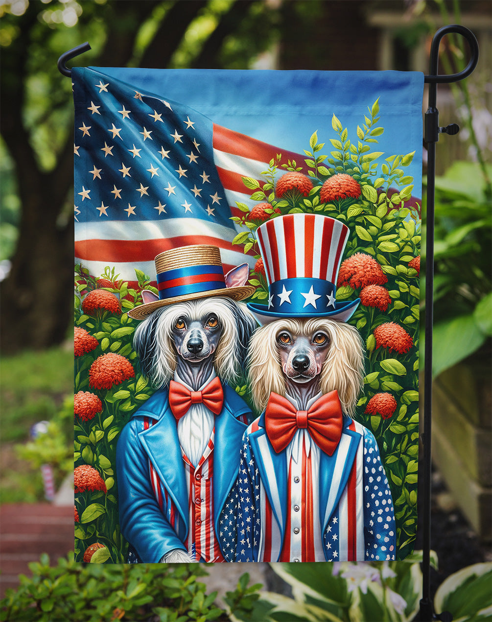 All American Chinese Crested Garden Flag – Dogs with American Flag Background by Caroline’s Treasures