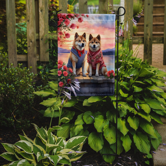 Akita Two Hearts Garden Flag – Romantic Dog Pair with Sunset & Mountain Background