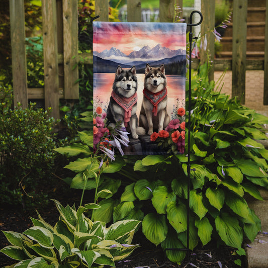 Alaskan Malamute Two Hearts Garden Flag – Romantic Dog Pair with Sunset & Mountain Background