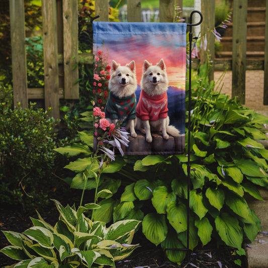 American Eskimo Two Hearts Garden Flag – Romantic Dog Pair with Sunset & Mountain Background