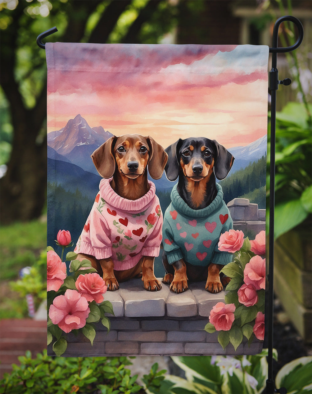 Dachshund Two Hearts Garden Flag –  Romantic Dog Pair with Sunset & Mountain Background