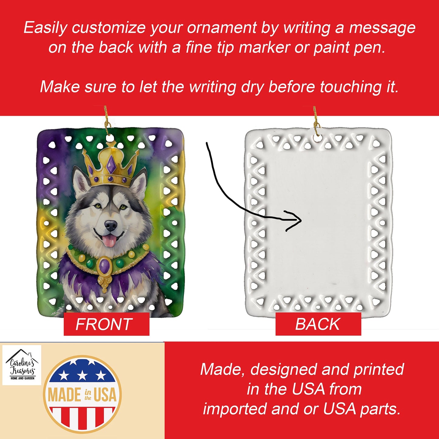 Alaskan Malamute King of Mardi Gras Porcelain Ornament