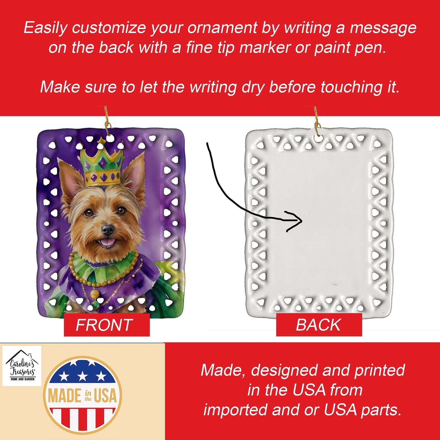 Australian Terrier King of Mardi Gras Porcelain Ornament