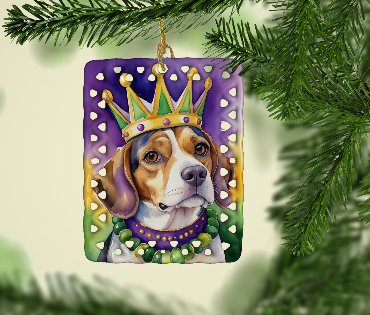 Beagle King of Mardi Gras Porcelain Ornament