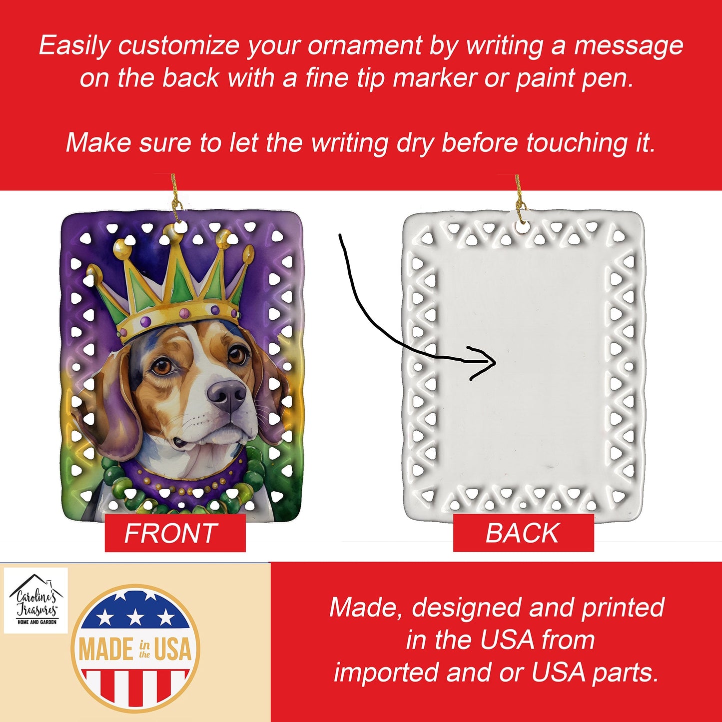 Beagle King of Mardi Gras Porcelain Ornament