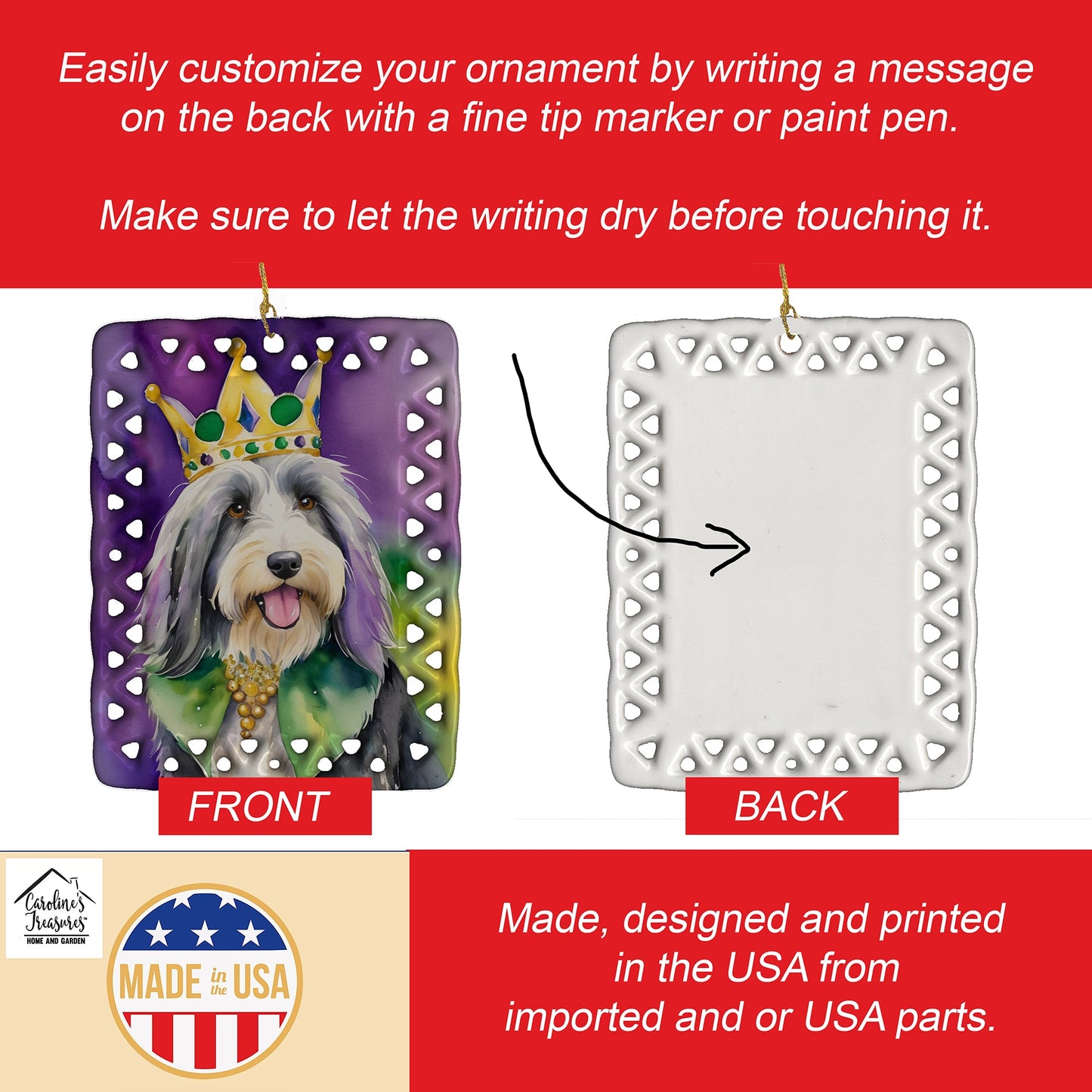 Bearded Collie King of Mardi Gras Porcelain Ornament