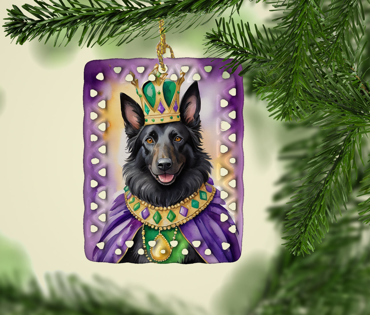 Belgian Sheepdog King of Mardi Gras Porcelain Ornament