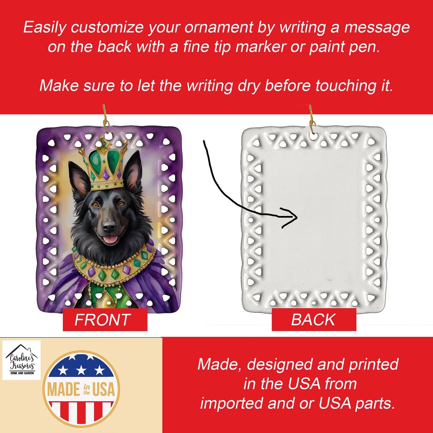 Belgian Sheepdog King of Mardi Gras Porcelain Ornament