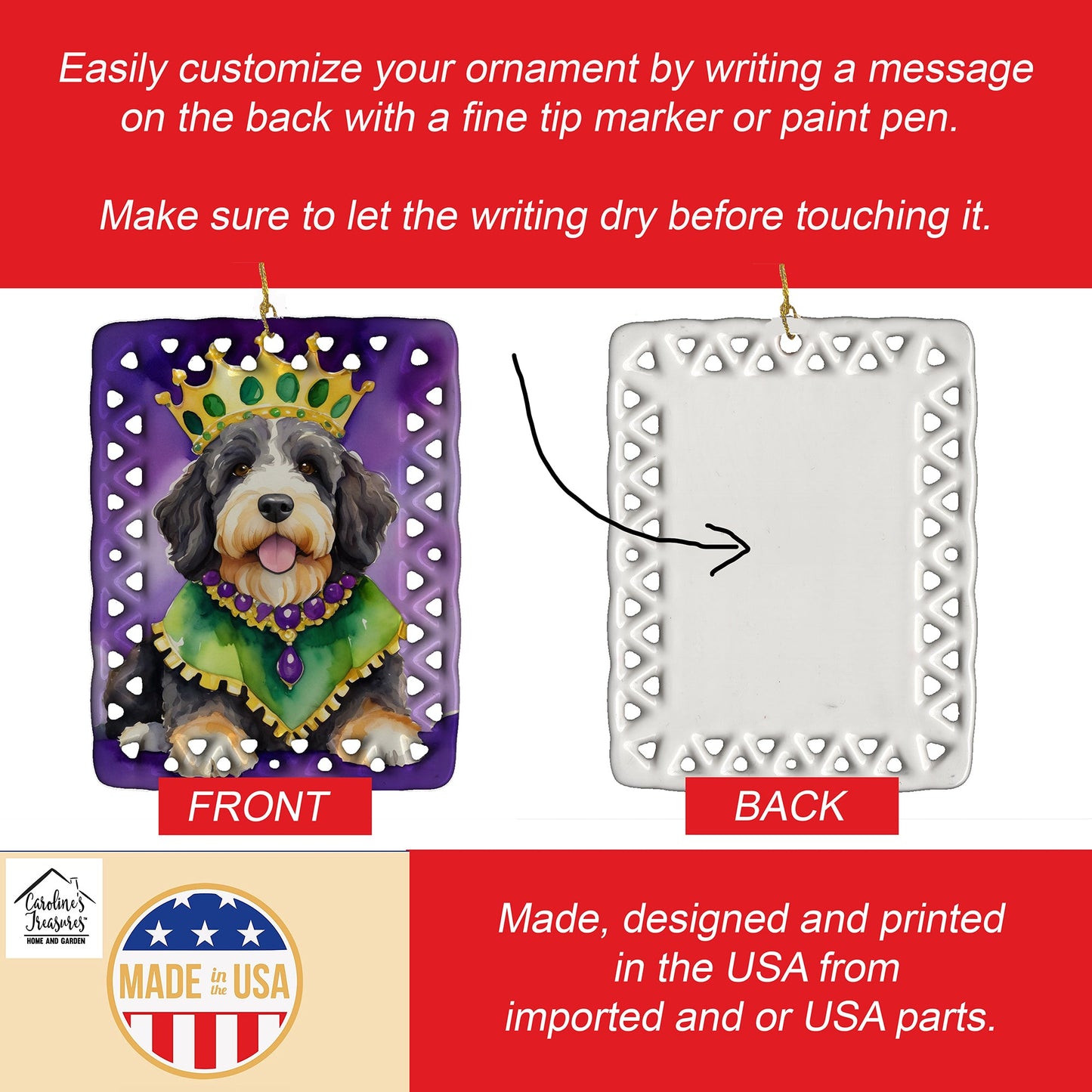 Bernedoodle King of Mardi Gras Porcelain Ornament