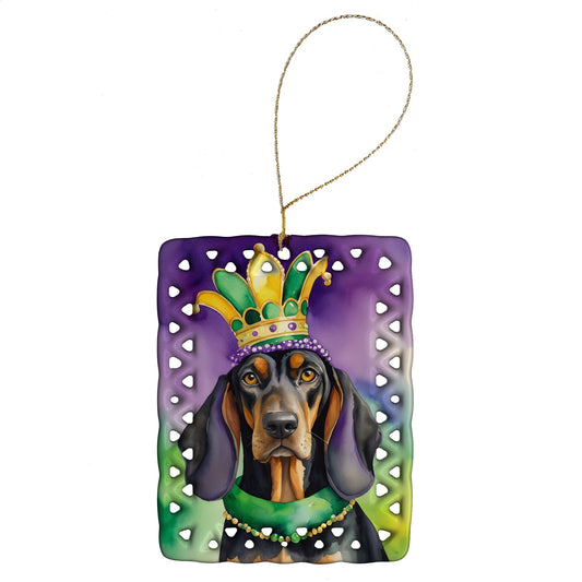 Black and Tan Coonhound King of Mardi Gras Porcelain Ornament