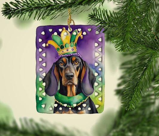 Black and Tan Coonhound King of Mardi Gras Porcelain Ornament