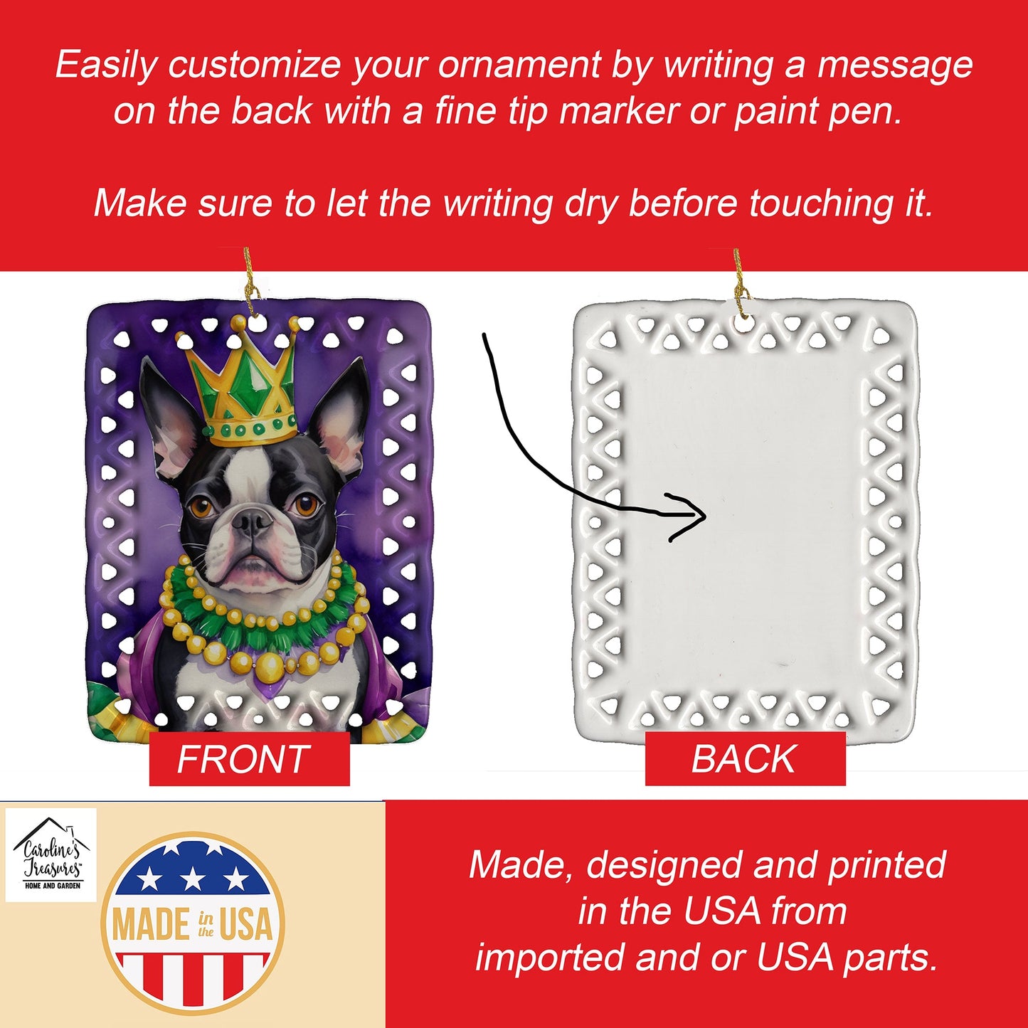 Boston Terrier King of Mardi Gras Porcelain Ornament