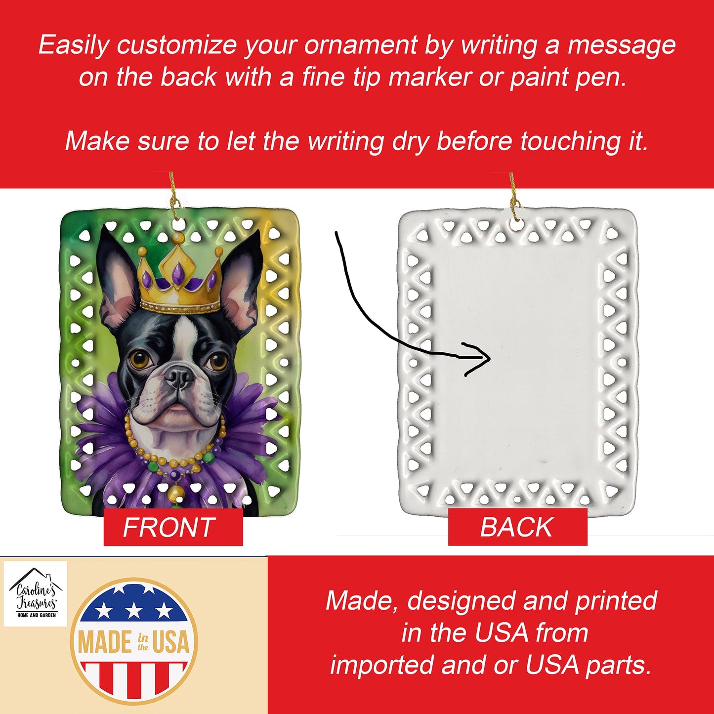 Boston Terrier King of Mardi Gras Porcelain Ornament