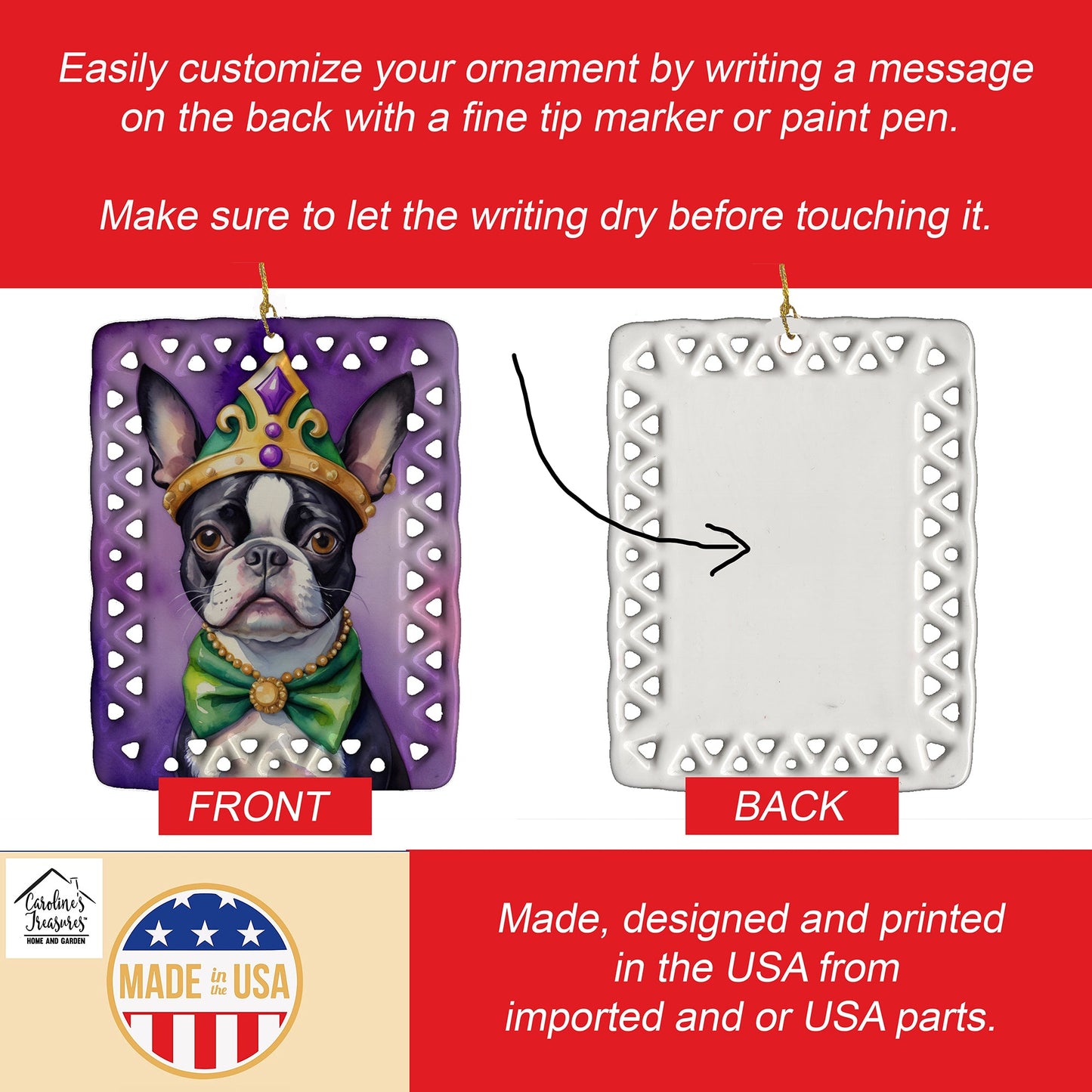Boston Terrier King of Mardi Gras Porcelain Ornament