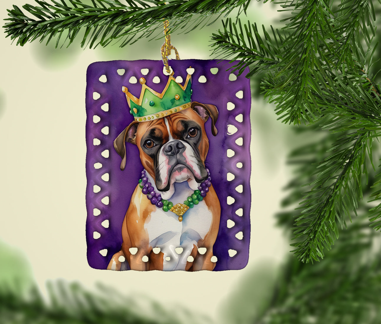 Boxer King of Mardi Gras Porcelain Ornament