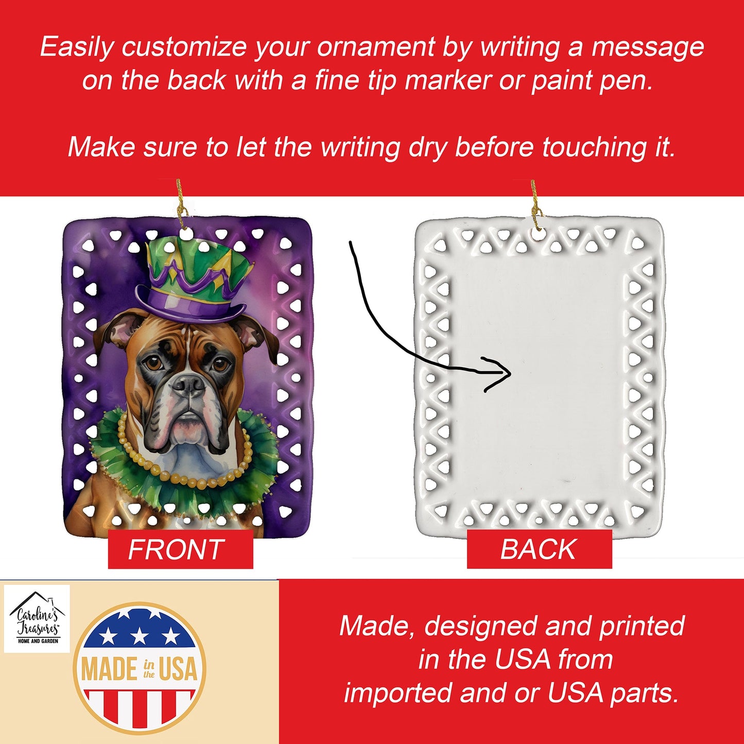 Boxer King of Mardi Gras Porcelain Ornament