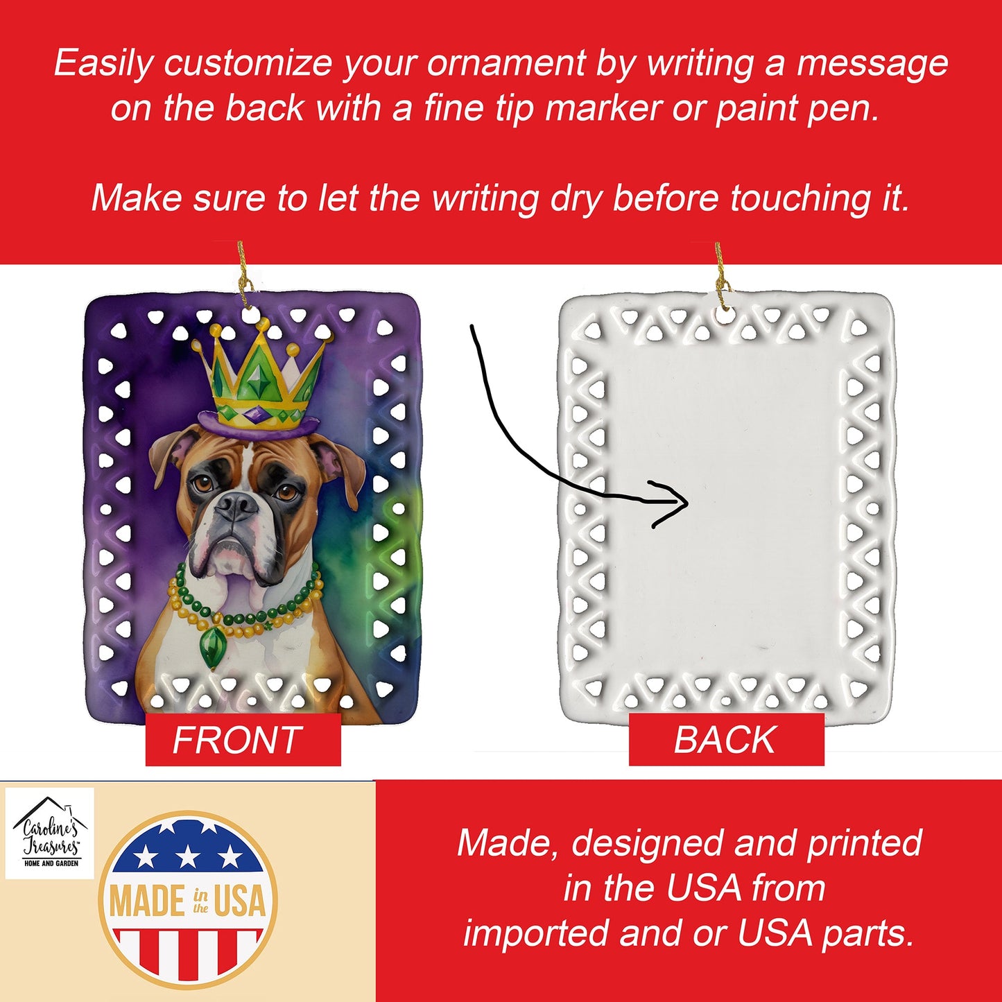 Boxer King of Mardi Gras Porcelain Ornament