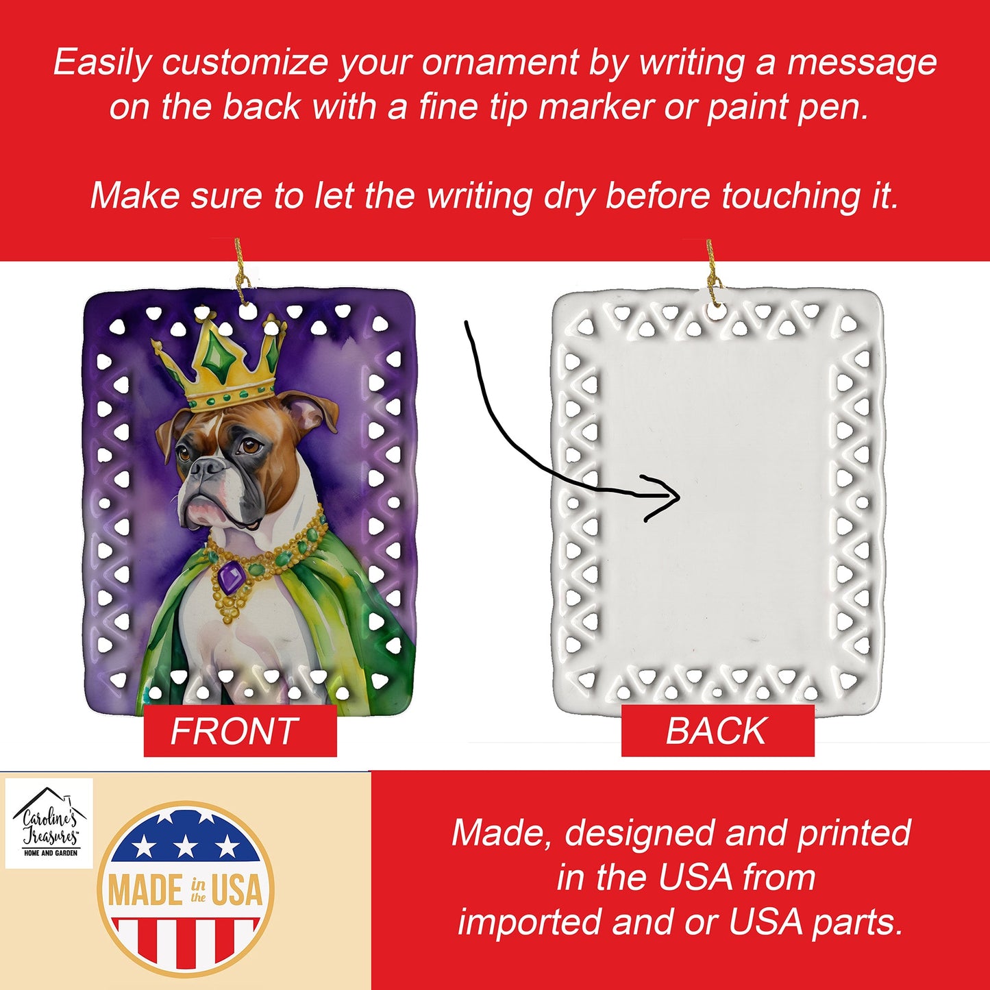 Boxer King of Mardi Gras Porcelain Ornament