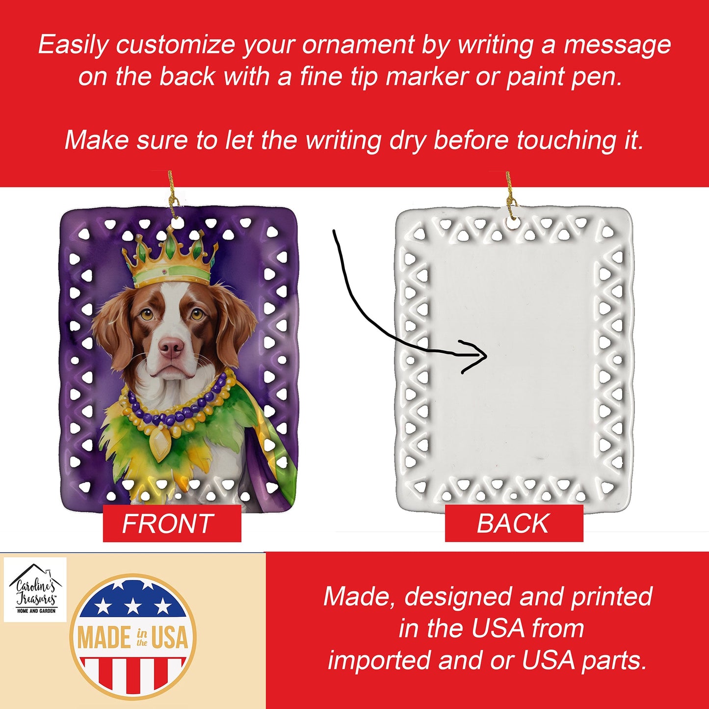 Brittany Spaniel King of Mardi Gras Porcelain Ornament