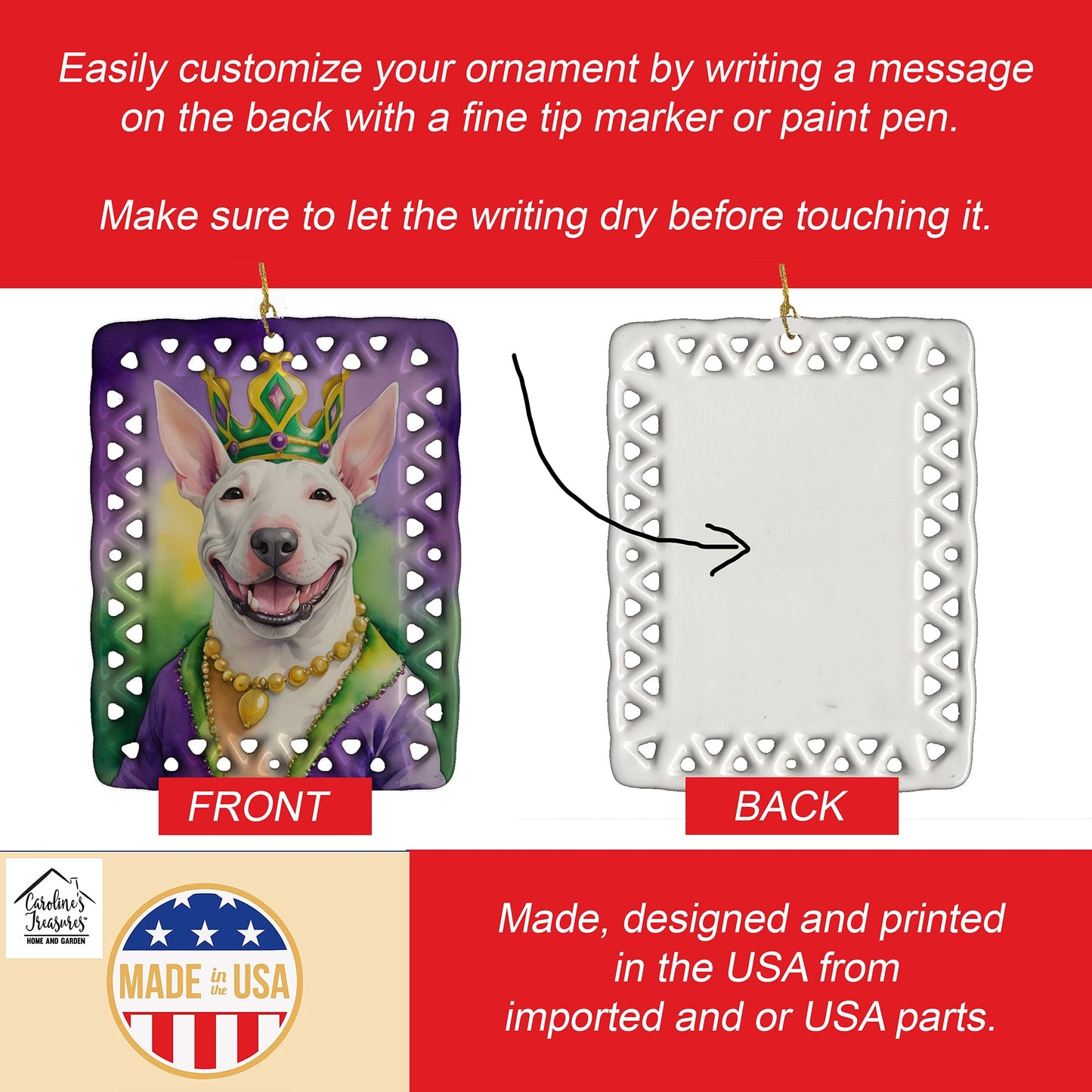 Bull Terrier King of Mardi Gras Porcelain Ornament