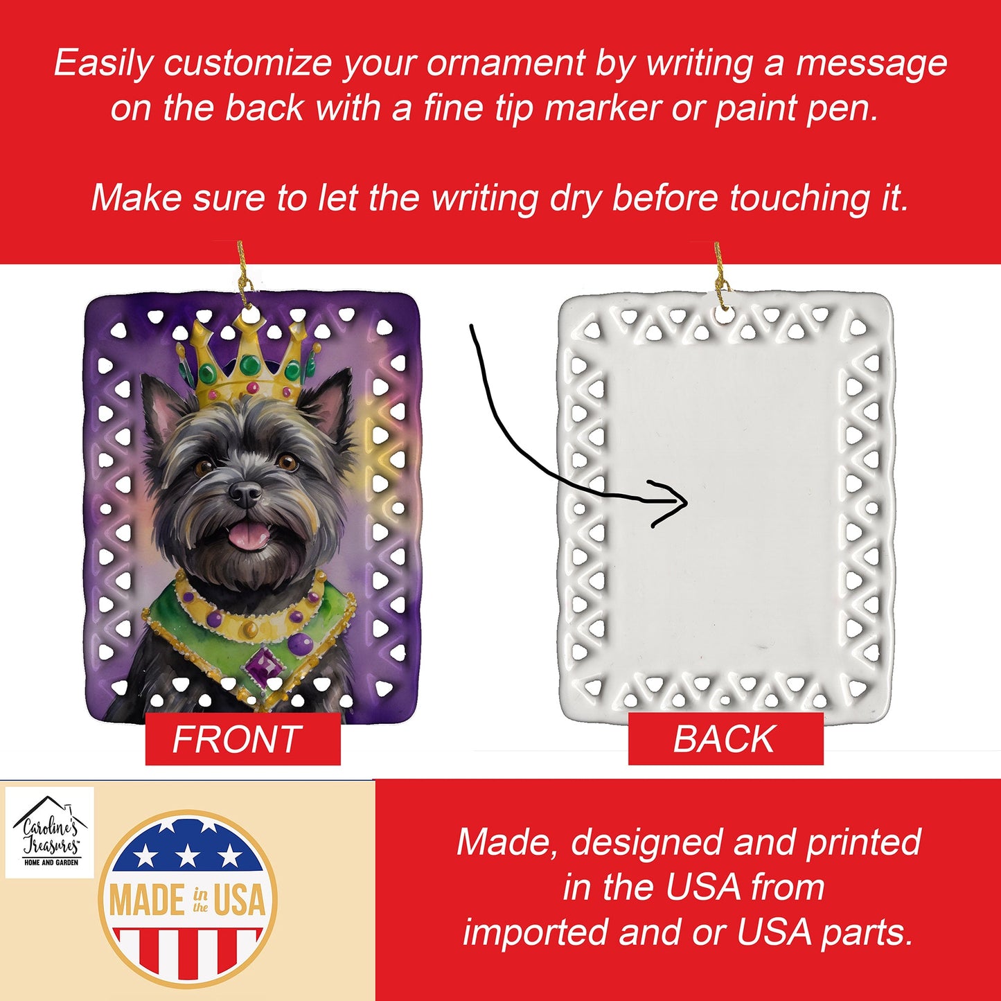 Cairn Terrier King of Mardi Gras Porcelain Ornament