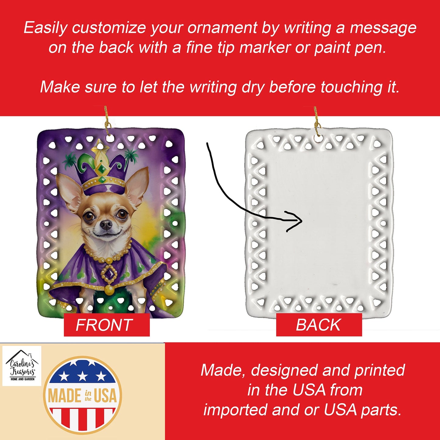 Chihuahua King of Mardi Gras Porcelain Ornament