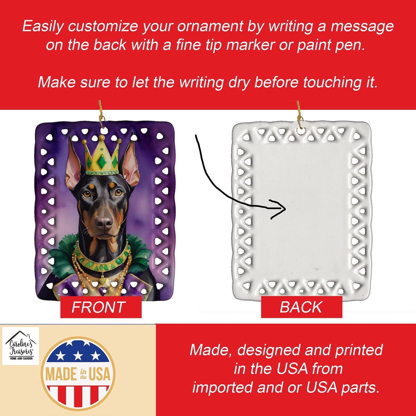 Doberman Pinscher King of Mardi Gras Porcelain Ornament