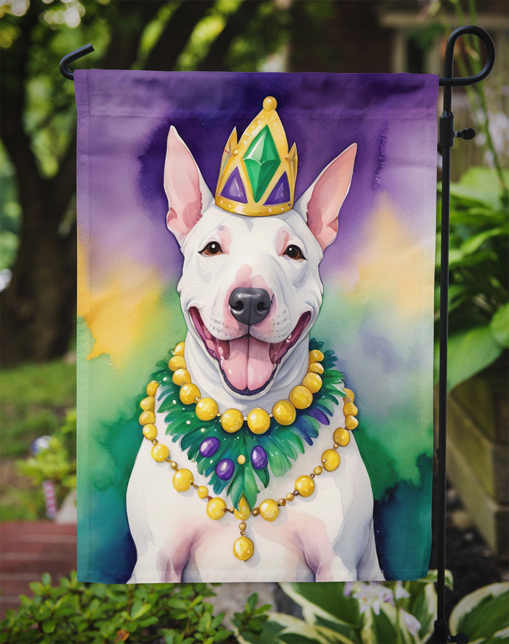 English Bull Terrier King of Mardi Gras Garden Flag - Vibrant Dog-Themed Yard Decor by Caroline's Treasures