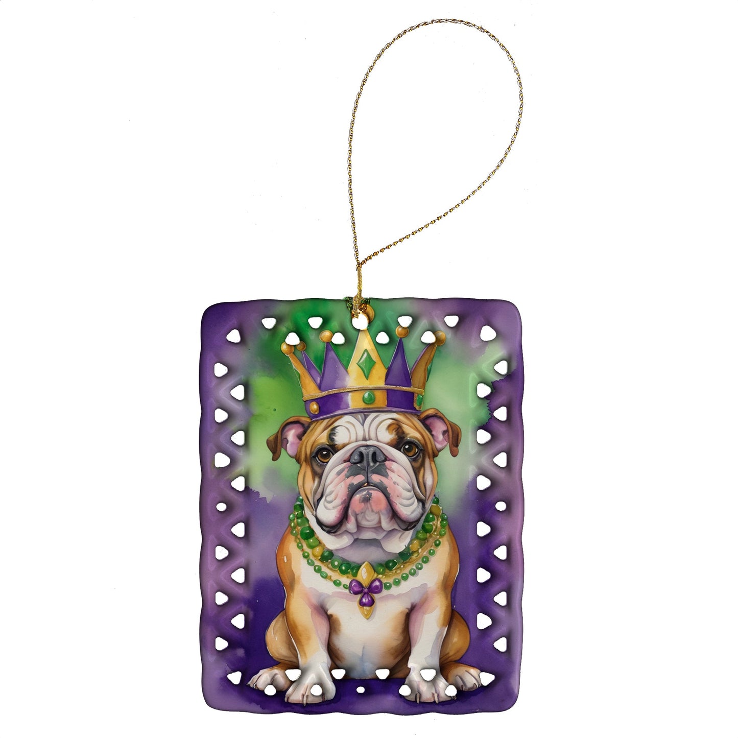 English Bulldog King of Mardi Gras Porcelain Ornament