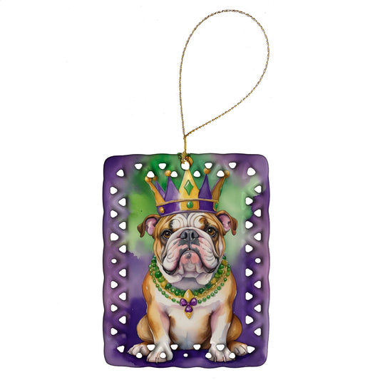 English Bulldog King of Mardi Gras Porcelain Ornament