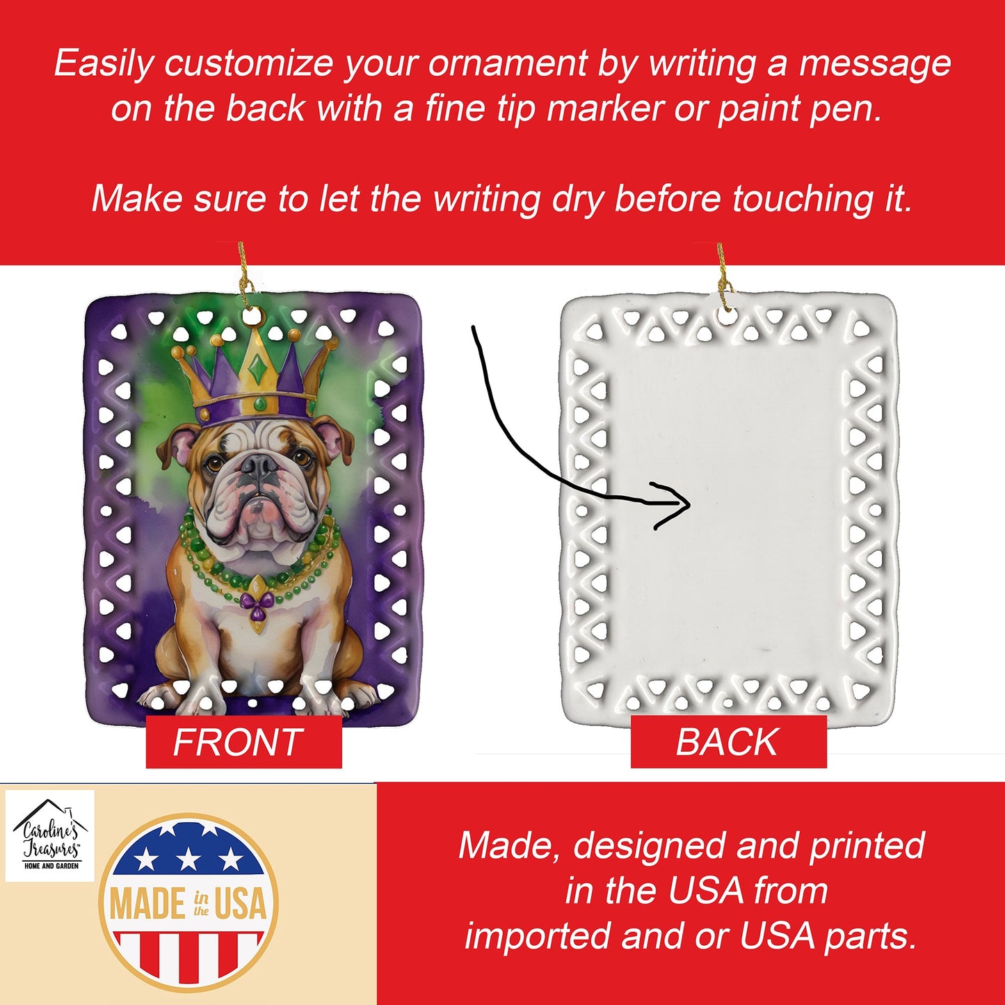 English Bulldog King of Mardi Gras Porcelain Ornament