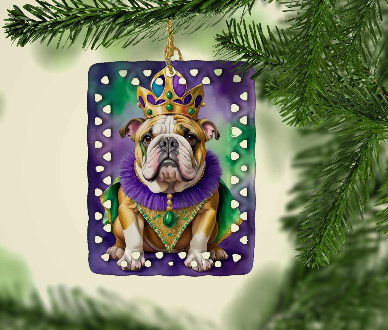 English Bulldog King of Mardi Gras Porcelain Ornament