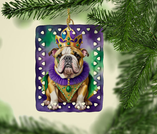 English Bulldog King of Mardi Gras Porcelain Ornament